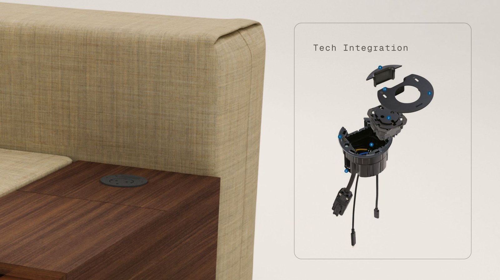 MODO technical integration: power socket recessed into the wood