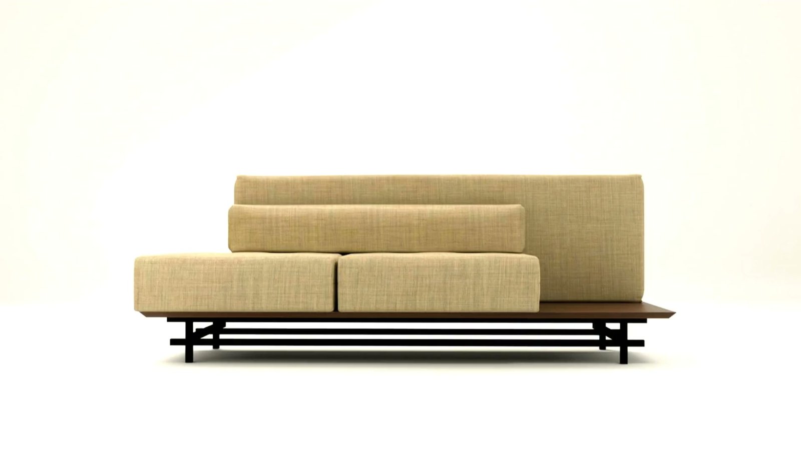 MODO, modular sofa system: walnut tray on a black steel cruciform base.